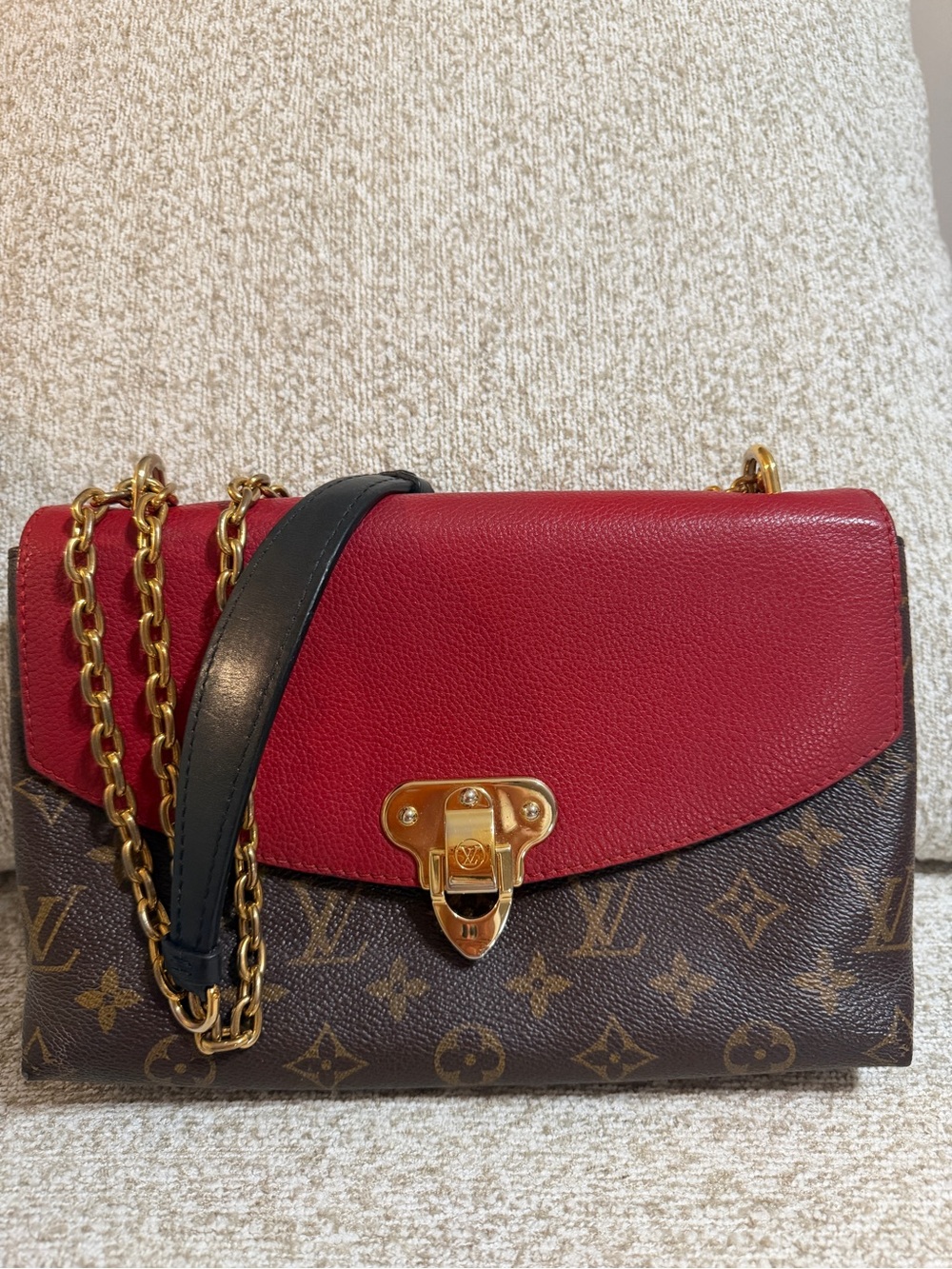 Louis Vuitton Red Leather and Monogram Crossbody Bag with Gold Hardware